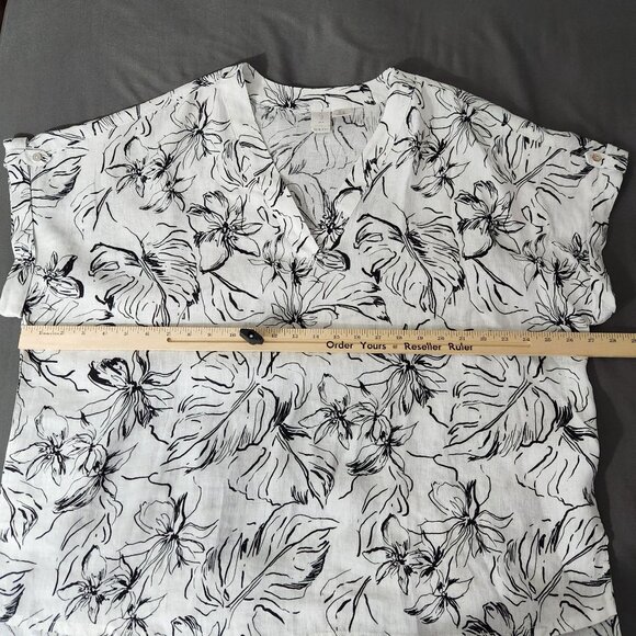 Joie Blouse Women's 1X Linen V Neck Short Sleeve Floral Print Top Black White - Picture 7 of 12